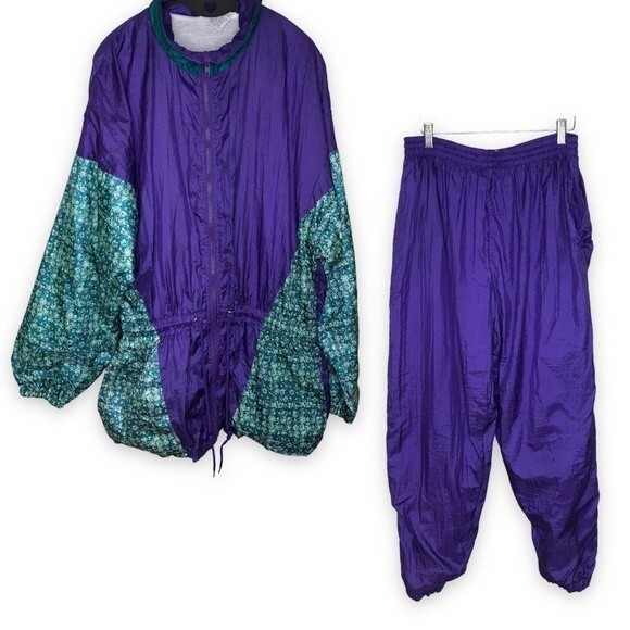 Vintage Honors Track Suit Anorak Jacket Pants Purple Teal Green Floral Women XL - Picture 1 of 16